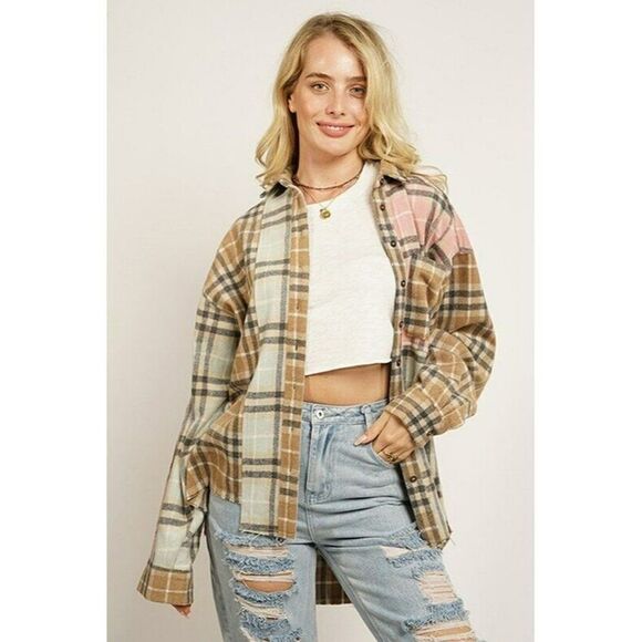 GeeGee Clothing Pink Plaid Button Up Shirt Jacket Shacket High Low S-L SJ2260 - Picture 2 of 5